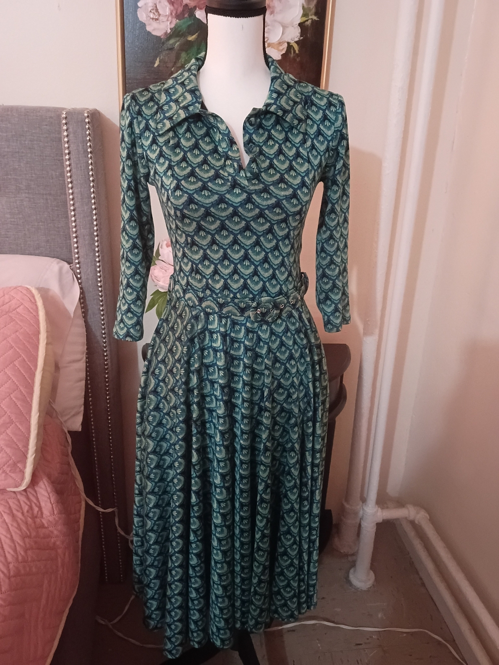 Bibi Dress Teal Patterned Long-Sleeve Collared Fit-and-Flare Midi Dress